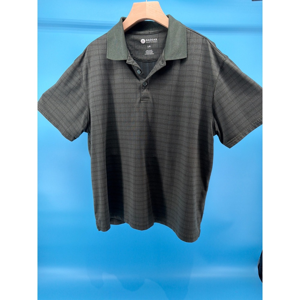 Haggar Mens Large Green Grid Pattern Short Sleeve Polo Shirt Casual Golf Top